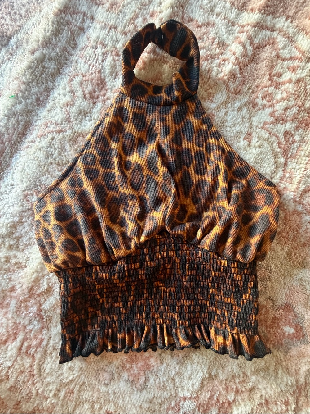 Leopard Halter Smocked Crop Top - Brown